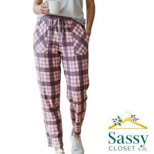 Lucky Brand Pink Purple Plaid Soft Knit Cozy Lounge Pants Drawstring Waist Sz S